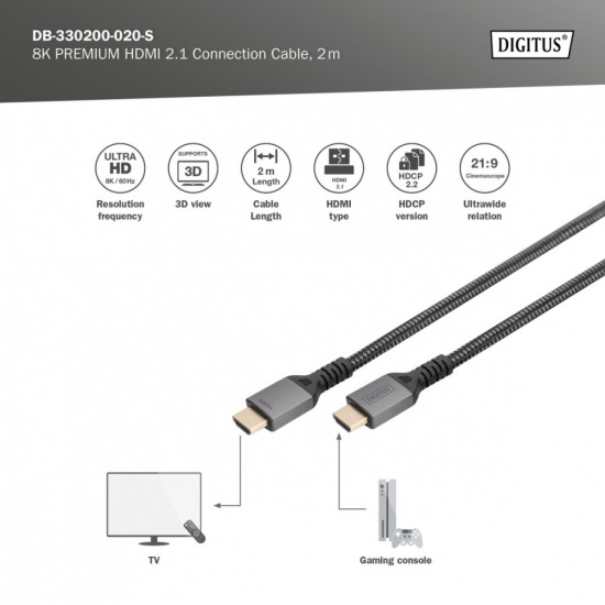 Kabel Premium połączeniowy HDMI 2.1 Ultra HighSpeed 8K60Hz UHD Typ HDMI A/A M/M 2m Czarny 