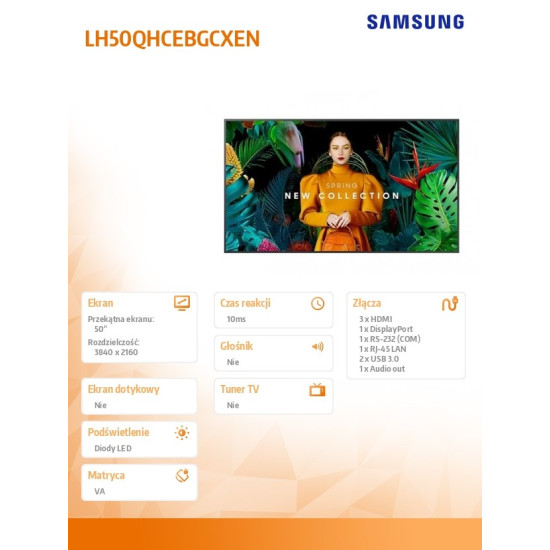 Monitor profesjonalny QH50C 50 cali Matowy 24h/7 700(cd/m2) 3840 x 2160 (UHD) S10 Player (Tizen 7) WiFi/BT 3 lata d2d (LH50QHCEBGCXEN)