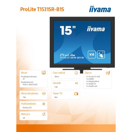 Monitor 15 cali T1531SR-B1S VA,RESISTIVE,HDMI,DP,VGA,IP54,2x1W 