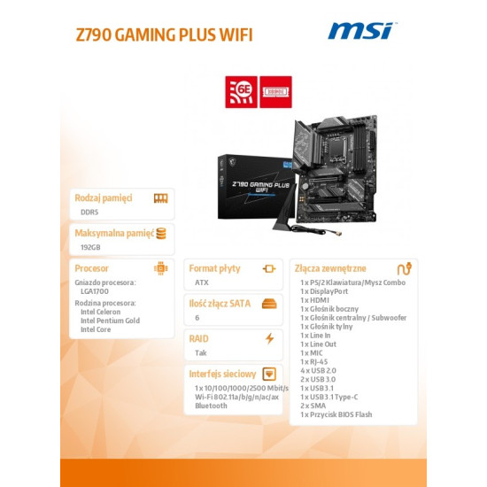 Płyta główna Z790 GAMING PLUS WIFI s1700 4DDR5 HDMI ATX 