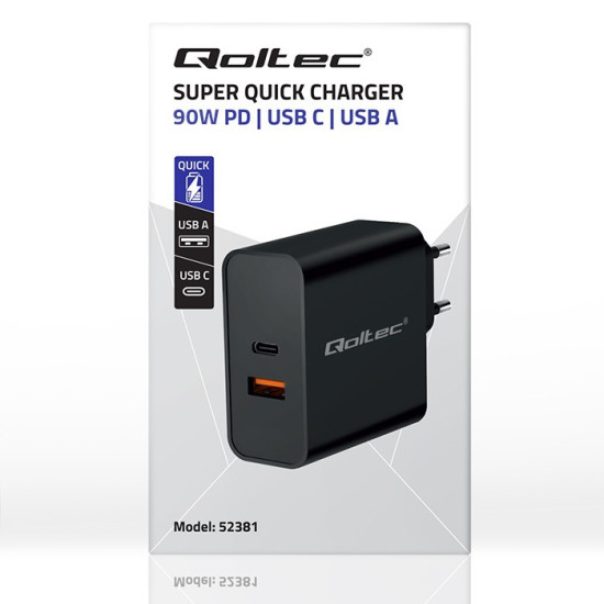 Ładowarka Super Quick PD | 1xUSB-C | 1xUSB | 90W | 5-20V | 2.4-4.35A | Czarna 