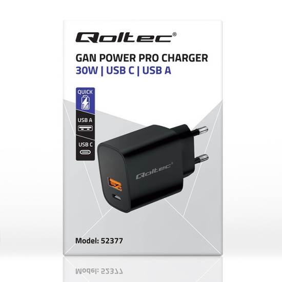 Ładowarka GaN Power Pro | 1xUSB-C | 1xUSB | 30W | 5-20V | 1.5-3A | Czarna 