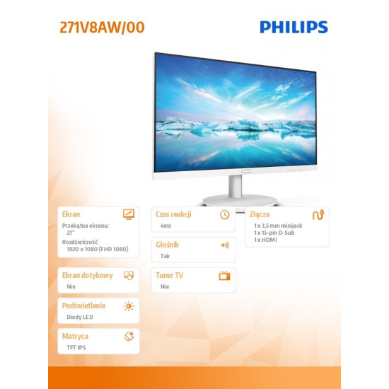 Monitor 271V8AW 27 cali IPS HDMI Głośniki Biały 