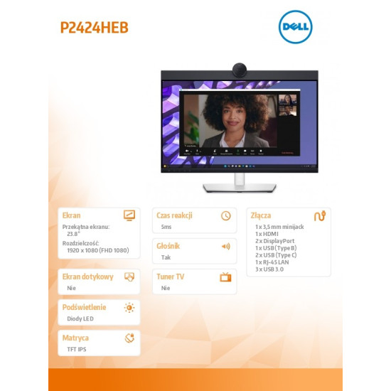 Monitor P2424HEB 23.8 cala LED  IPS Full HD (1920 x1080)/16:9/HDMI/DP/ RJ-45/Kamera/Głośniki/Mikrofon/3YPPG