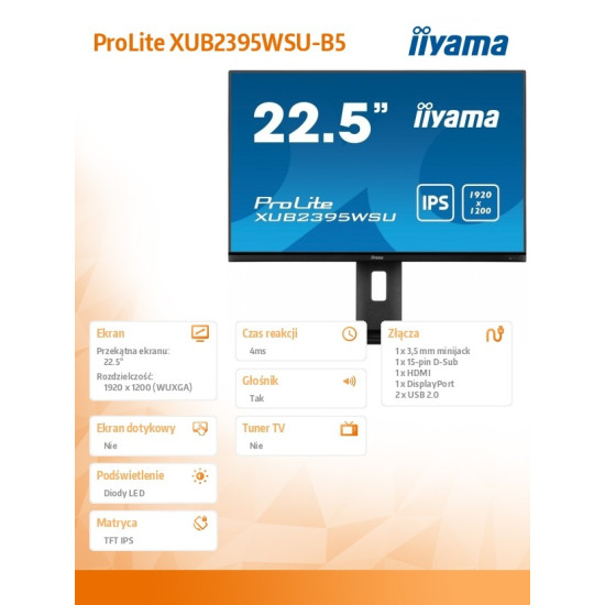 Monitor 22.5 cala XUB2395WSU-B5 IPS,PIVOT,1920x1200,DP,HDMI,VGA,16:10,2xUSB,2x2W,Freesync,HAS(150mm)