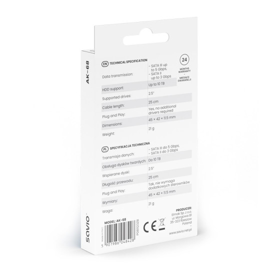 Adapter USB-C 3.1 Gen 1 (M) - SATA (F) do dysków 2.5 cala , AK-68 