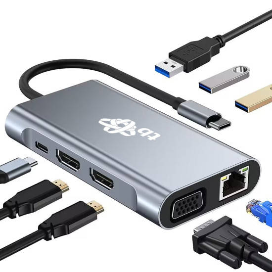 Adapter USB C 8w1 HDMIx2 USB VGA RJ45 PD 