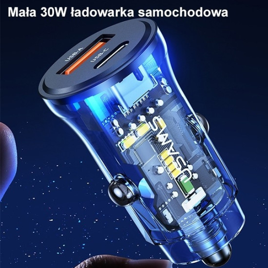 Ładowarka samochodowa 30W 1xUSB + 1xUSB-C Fast Charge 