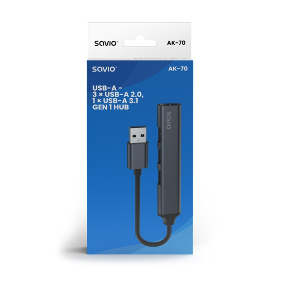 Hub 4 porty USB-A - 3 x USB-A 2.0, 1 x USB-A 3.0, 5 Gbps, Aluminium, AK-70 