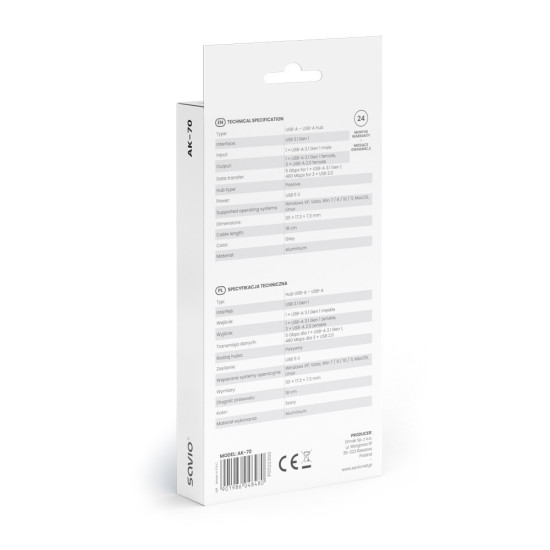 Hub 4 porty USB-A - 3 x USB-A 2.0, 1 x USB-A 3.0, 5 Gbps, Aluminium, AK-70 