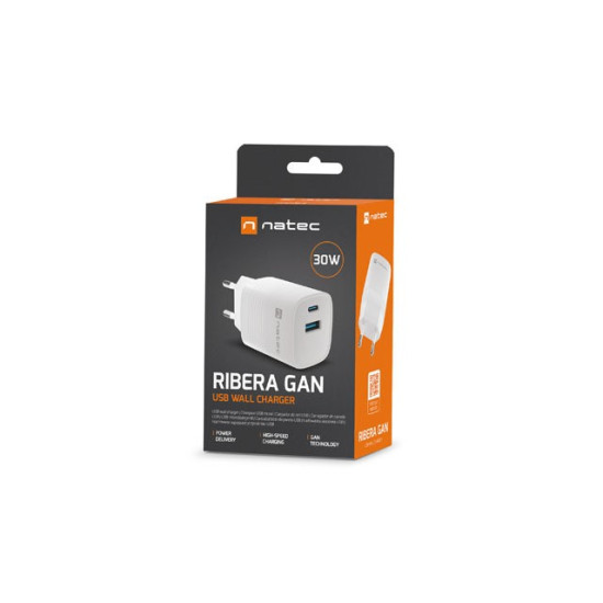 Ładowarka sieciowa Ribera GAN 1X USB-A + 1X USB-C 30W Biała