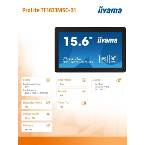 Monitor 15.6 cala ProLite TF1633MSC-B1 IPS,poj.10pkt.450cd,IP54