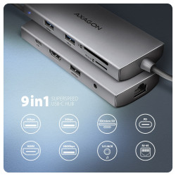 Hub HMC-8HLSA USB-C 3.2 Gen 1 hub, 3x USB-A + 4K/30Hz HDMI + SD/mic roSD, GLAN, Audio, PD 100W, 20cm USB-C kabel