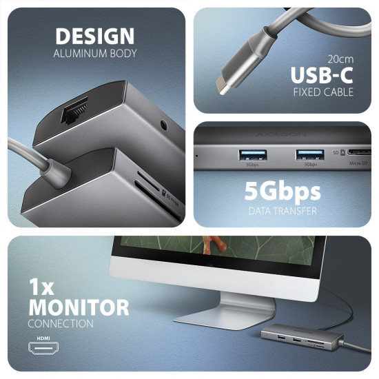 Hub HMC-8HLSA USB-C 3.2 Gen 1 hub, 3x USB-A + 4K/30Hz HDMI + SD/mic roSD, GLAN, Audio, PD 100W, 20cm USB-C kabel