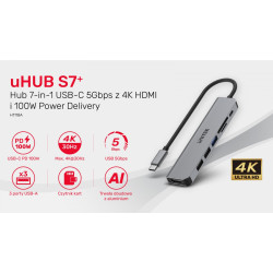 HUB USB-C 7w1 Aluminium PD 100W ; 5 Gbps ; HDMI 4K 