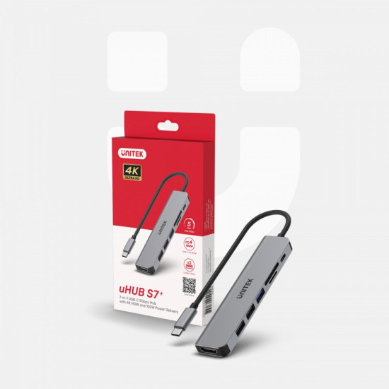 HUB USB-C 7w1 Aluminium PD 100W ; 5 Gbps ; HDMI 4K 