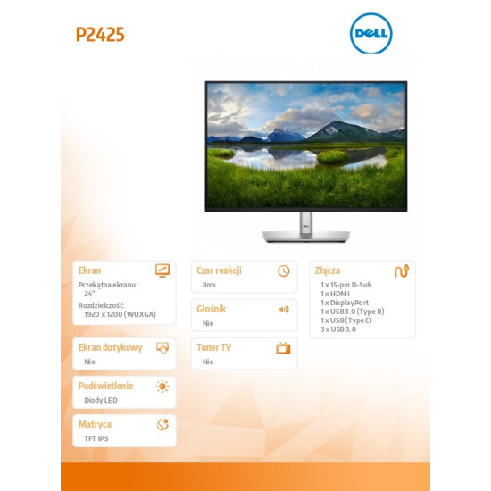 Monitor P2425 24 cale IPS 16:10 WUXGA/HDMI/USBC/DP/VGA/USB/3Y 