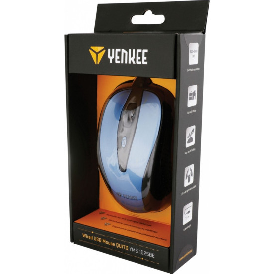 Mysz przewodowa USB , 4 przyciski, optyczna, symetryczna, Błękit 