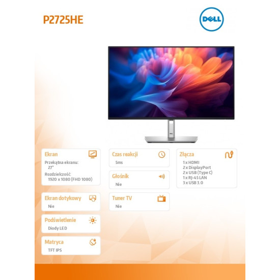 Monitor 27 cali P2725HE IPS LED Full HD(1920x1080)/16:9/HDMI/DP/USB-C/USB/RJ45/3Y