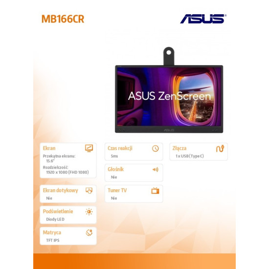 Monitor ZenScreen MB166CR IPS LED USB-C FHD 