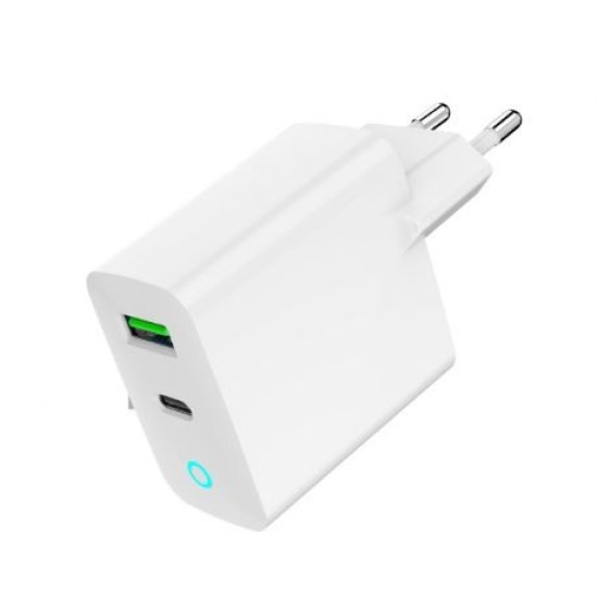 Ładowarka USB-A USB-C LED 20W PD QC3.0 biała 