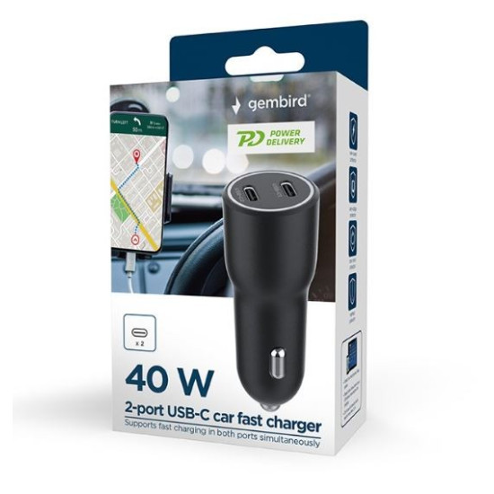 Ładowarka samochodowa 2xUSB-C PD 40W czarna 