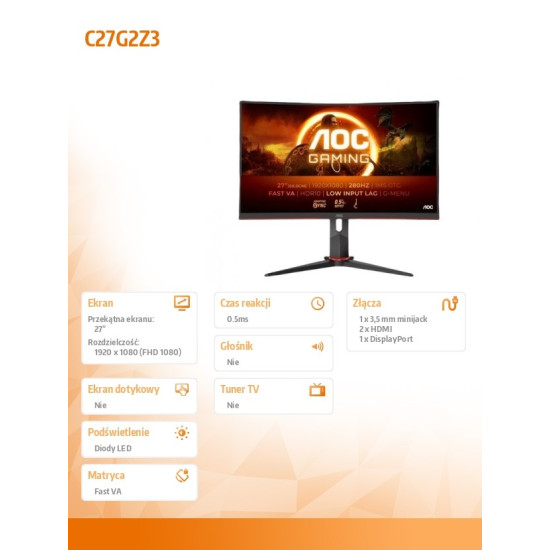 Monitor C27G2Z3 27 cali Zakrzywiony Fast VA 280Hz HDMIx2 DP HAS 