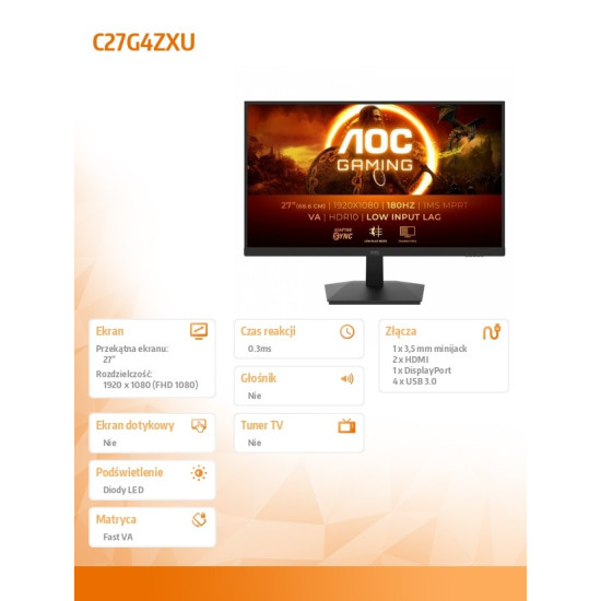 Monitor C27G4ZXU 27 cali Zakrzywiony Fast VA 280Hz HDMIx2 DP 