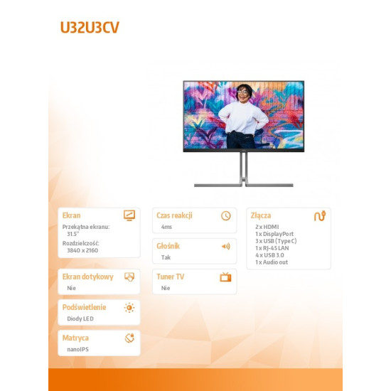 Monitor U32U3CV 31.5 cala Nano IPS 4K HDMIx2 DP USB-C RJ45 KVM Pivot Głośnik