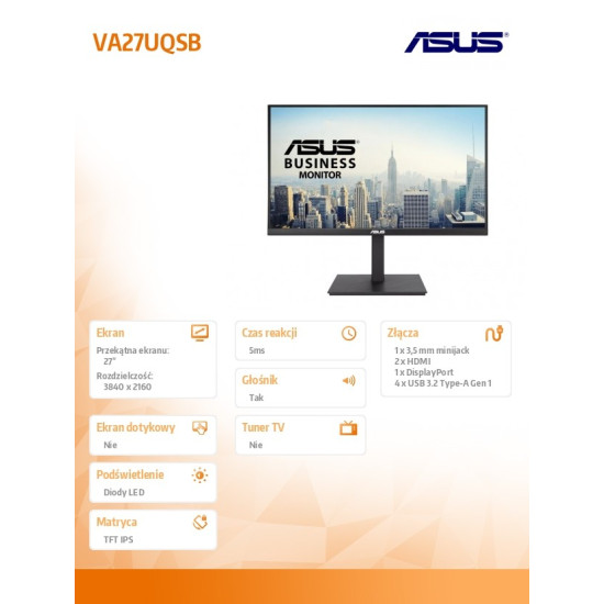 Monitor 27 cali VA27UQSB DP+HDMI*2+SPK+USB 