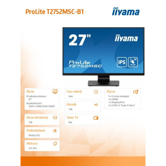 Monitor 27 cali T2752MSC-B1 10 PKT. POJ,IPS,HDMI,DP,2x2USB(3.2),2x1W400cd/m2,7H, 
