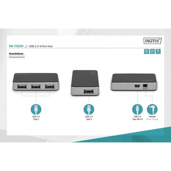 HUB/Koncentrator 4-portowy USB 2.0 HighSpeed, aktywny, czarno-srebrny