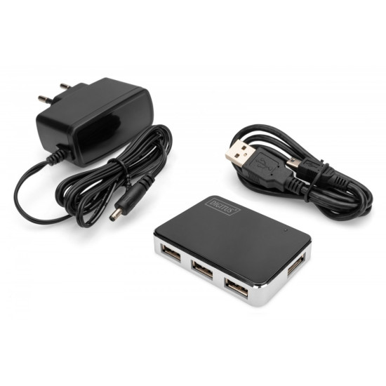 HUB/Koncentrator 4-portowy USB 2.0 HighSpeed, aktywny, czarno-srebrny