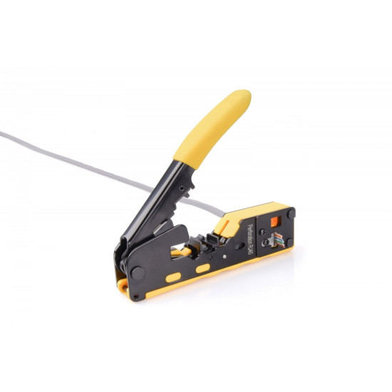 Zaciskarka do wtyków przelotowych RJ45 kat.5e/kat.6, RJ12, RJ11 z funkcją obcinania kabli oraz ściągania izolacji