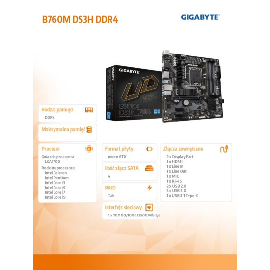 Płyta główna B760M DS3H DDR4 s1700 DDR4 2DP/HDMI mATX 