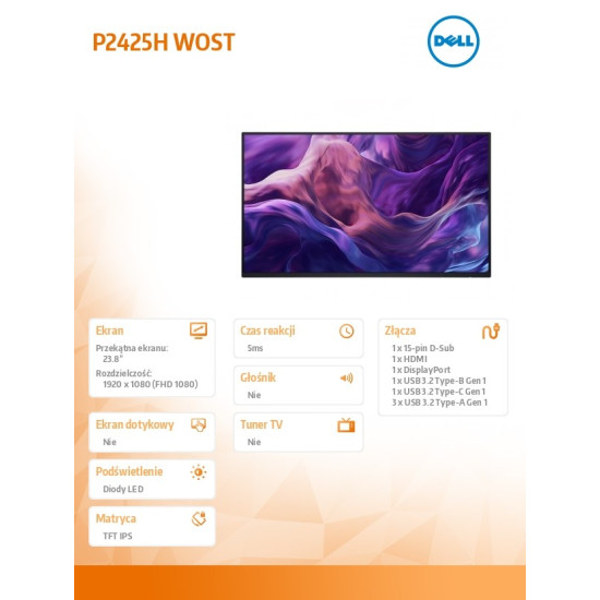 Monitor 23.8 cala P2425H WOST IPS 1920x1080/16:9/DP/HDMI/USBC/VGA/USB/3Y 