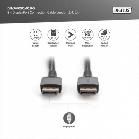 Kabel połączeniowy PREMIUM DisplayPort 8K60Hz UHD DP/DP M/M 1m Czarny 