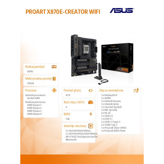 Płyta główna PROART X870E-CREATOR WI FI AM5 4DDR5 HDMI/USB-C 