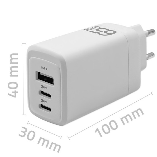 Ładowarka sieciowa 65W GaN | 5-20V | 3-3.35A | 2xUSB-C PD | 1xUSBQC 3.0 | Biała 