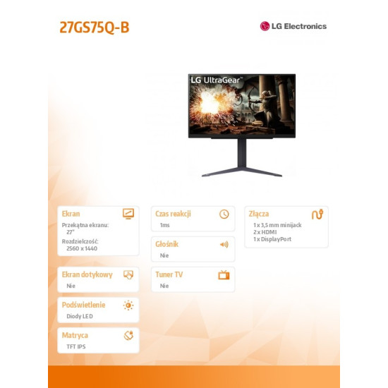 Monitor 27 cali 27GS75Q-B QHD UltraGear 200Hz, 1ms, 300cd, Pivot, HAS