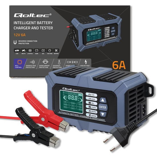 Inteligentna mikroprocesorowa ładowarka z testerem baterii i funkcją naprawy 12V | 6A | LCD | Prostownik do akumulatora AGM LiFePO4 GEL 