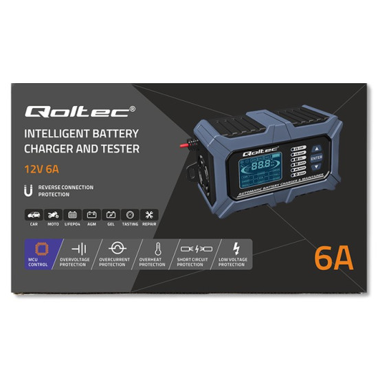 Inteligentna mikroprocesorowa ładowarka z testerem baterii i funkcją naprawy 12V | 6A | LCD | Prostownik do akumulatora AGM LiFePO4 GEL 