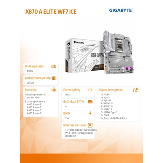 Płyta główna X870 A ELITE WF7 ICE AM 5 4DDR5 HDMI/USB-C ATX 