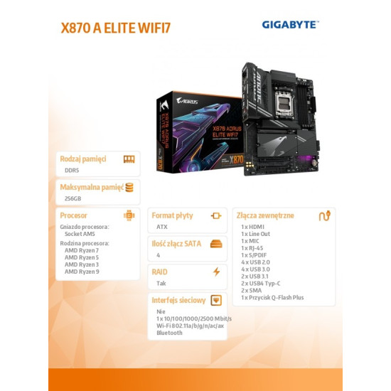 Płyta główna X870 A ELITE WIFI7  AM5 4DDR5 HDMI/USB-C ATX 