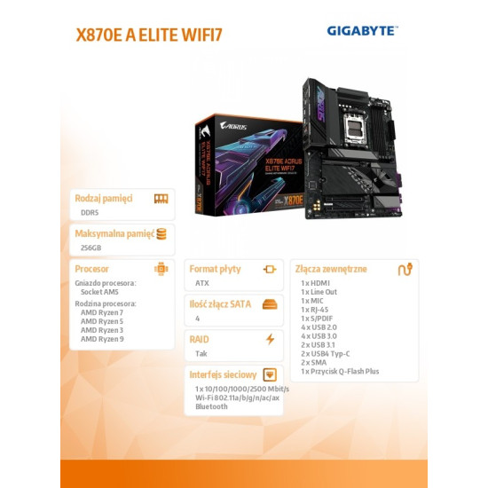 Płyta główna X870E A ELITE WIFI7 AM5 4DDR5 HDMI/USB-C ATX 