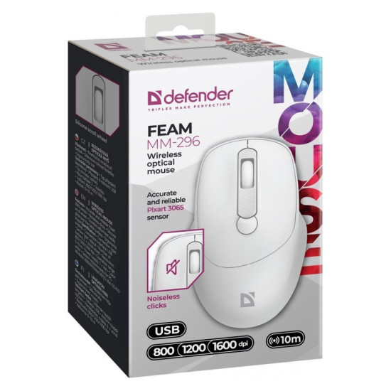 Mysz bezprzewodowa silent click FEAM MM-296 RF 1600 DPI Biała 