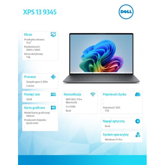 Laptop XPS 13 9345 Win11Pro XELITE12C/32GB/1TB/13.4 OLED Touch/UMA GPU/FgrPr/FHD/IR Cam/Mic/WLAN + BT/Backlit Kb/3 Cell/3Y Basic