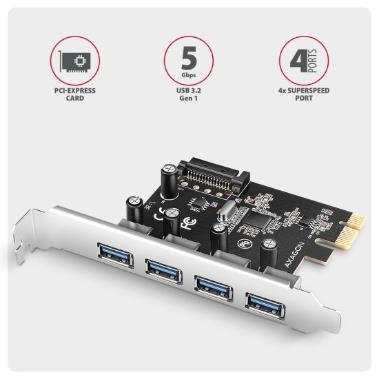 PCEU-430RS Kontroler PCIe 4x port USB 3.2 GEN 1, UASP, chipset  Renesas, 15-pin SATA zasilacz