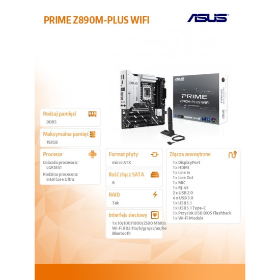 Płyta główna PRIME Z890M-PLUS WIFI S 1851 4DDR5 TB4/DP mATX /90MB1J80-M0EAY0 