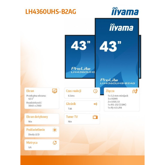 Monitor 43 LH4360UHS-B2A 24/7, 500cd, 4K, VA, Wifi, 6.5ms, 3xHDMI, 2xUSBR, J45, RS-232C